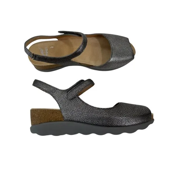 Dansko Women Peep Toe Slingback Sandals Metallic Leather Size 37 Comfort Wedge
