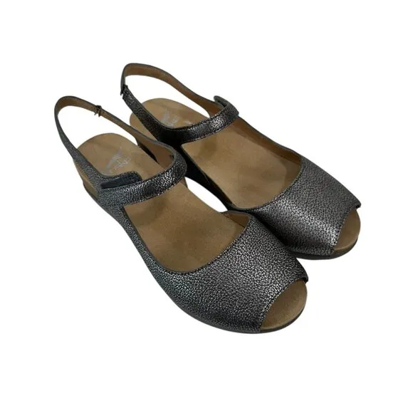 Dansko Women Peep Toe Slingback Sandals Metallic Leather Size 37 Comfort Wedge