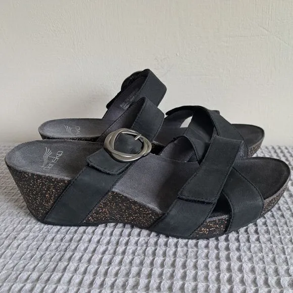 Dansko Womens 8.5 9 / EU 39 Susie Wedge Sandals Black Nubuck Slide Comfort Boho