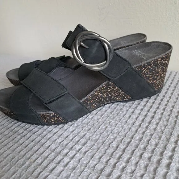 Dansko Womens 8.5 9 / EU 39 Susie Wedge Sandals Black Nubuck Slide Comfort Boho