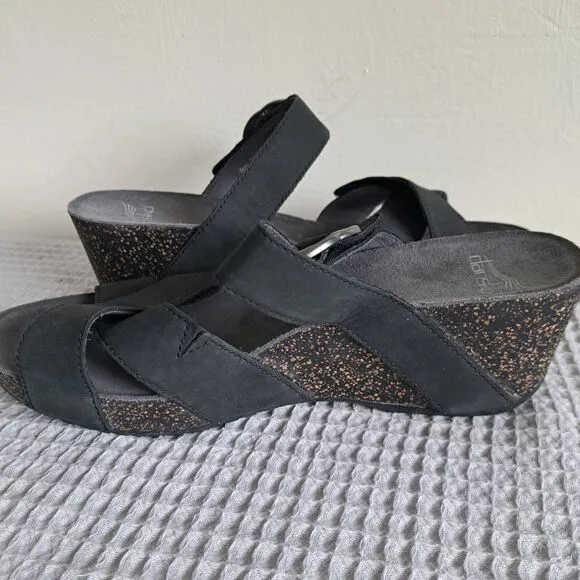 Dansko Womens 8.5 9 / EU 39 Susie Wedge Sandals Black Nubuck Slide Comfort Boho