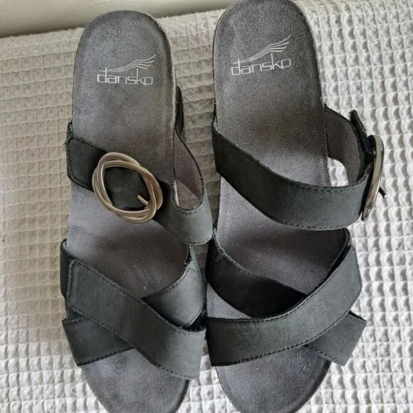 Dansko Womens 8.5 9 / EU 39 Susie Wedge Sandals Black Nubuck Slide Comfort Boho