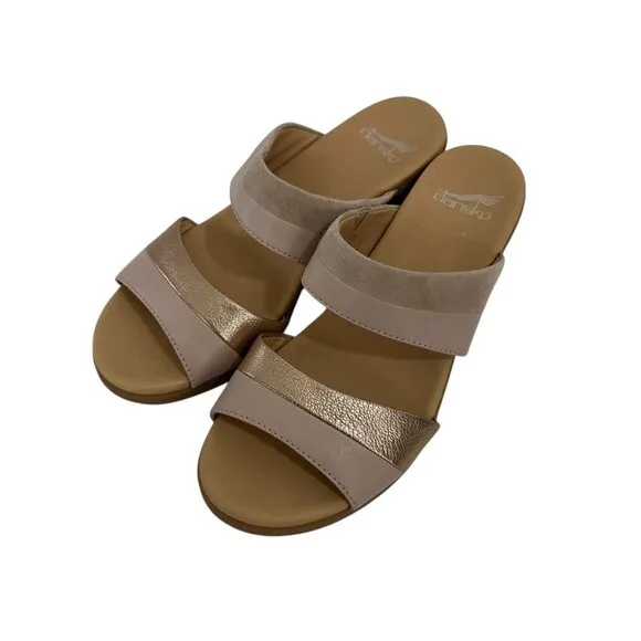Dansko Womens Double Strap Sandals SZ 39 Gold/Beige Leather Open Toe Block Heel