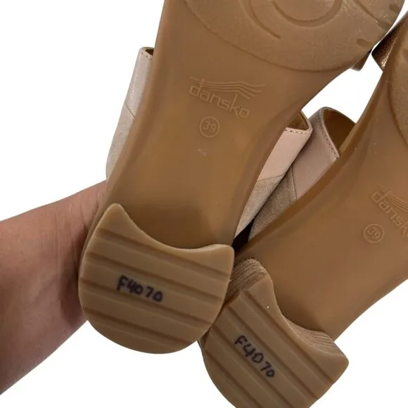 Dansko Womens Double Strap Sandals SZ 39 Gold/Beige Leather Open Toe Block Heel