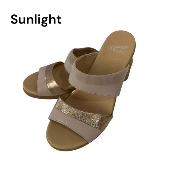 Dansko Womens Double Strap Sandals SZ 39 Gold/Beige Leather Open Toe Block Heel