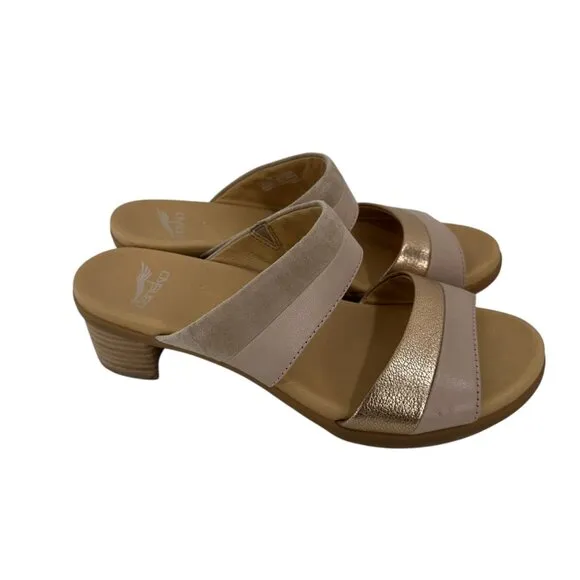 Dansko Womens Double Strap Sandals SZ 39 Gold/Beige Leather Open Toe Block Heel