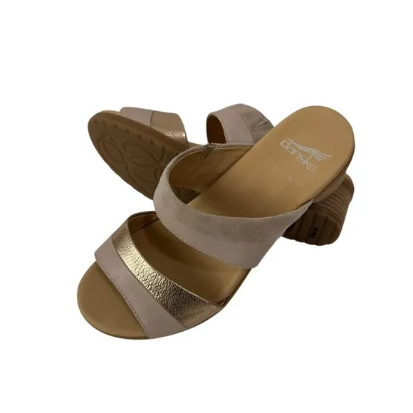 Dansko Womens Double Strap Sandals SZ 39 Gold/Beige Leather Open Toe Block Heel