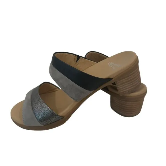Dansko Womens Gray &amp; Black Open-Toe Slide Sandals Size 38 Comfort Block Heels