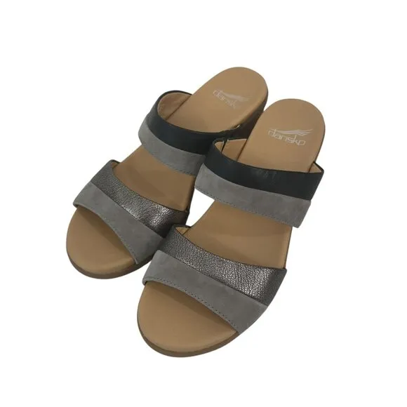 Dansko Womens Gray &amp; Black Open-Toe Slide Sandals Size 38 Comfort Block Heels