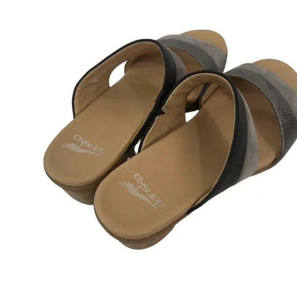 Dansko Womens Gray &amp; Black Open-Toe Slide Sandals Size 38 Comfort Block Heels