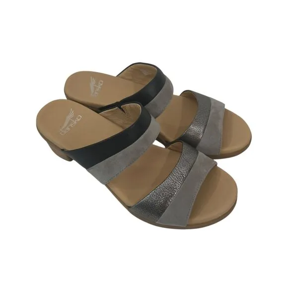 Dansko Womens Gray &amp; Black Open-Toe Slide Sandals Size 38 Comfort Block Heels