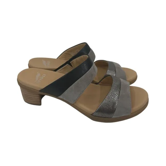 Dansko Womens Gray &amp; Black Open-Toe Slide Sandals Size 38 Comfort Block Heels