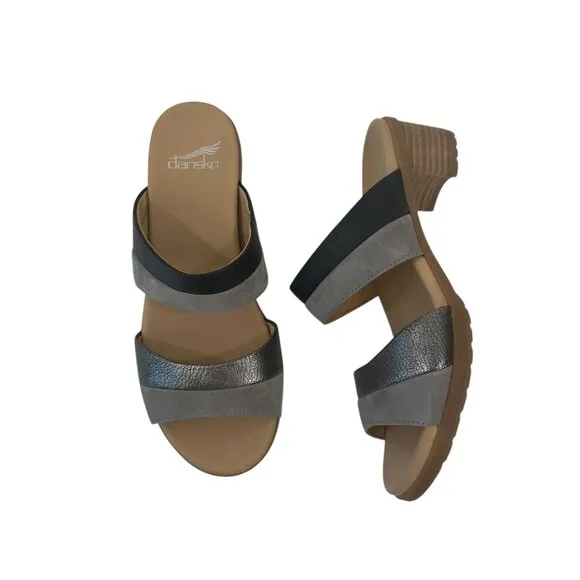 Dansko Womens Gray &amp; Black Open-Toe Slide Sandals Size 38 Comfort Block Heels