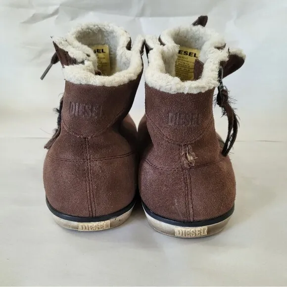 Diesel Brown Beach Pit Sherpa Fleece Lined Suede Leather Sneakers Size US 9
