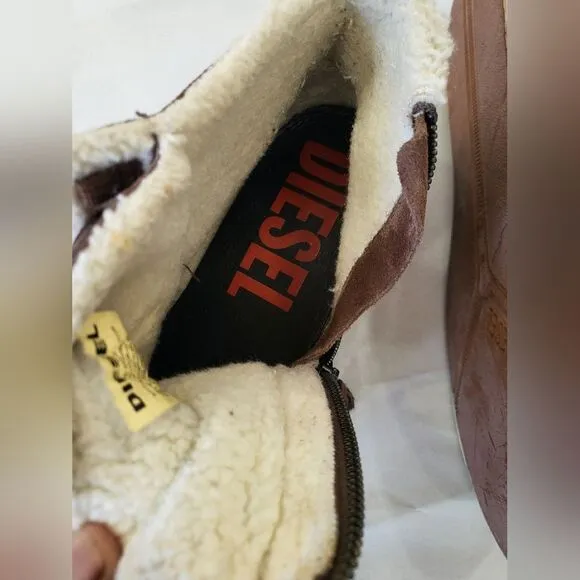 Diesel Brown Beach Pit Sherpa Fleece Lined Suede Leather Sneakers Size US 9