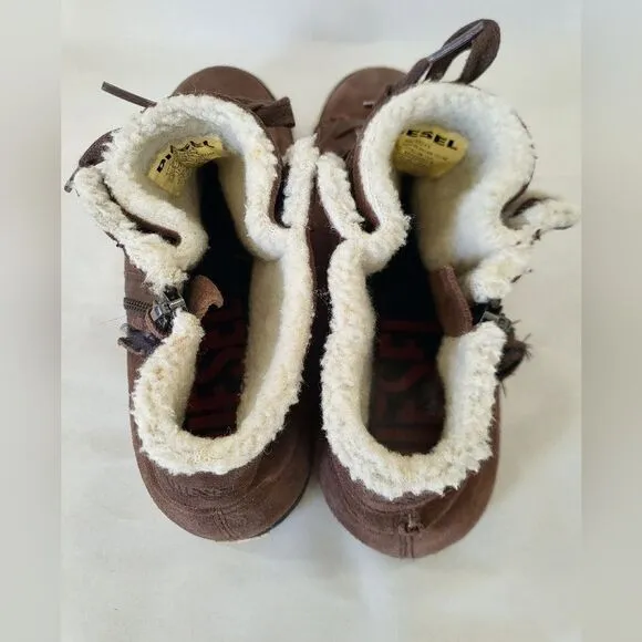 Diesel Brown Beach Pit Sherpa Fleece Lined Suede Leather Sneakers Size US 9