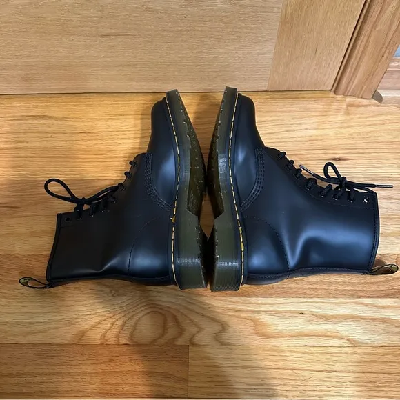 Doc Martens 1460 Womens Black Lace-Up Boots with yellow welt stitching
