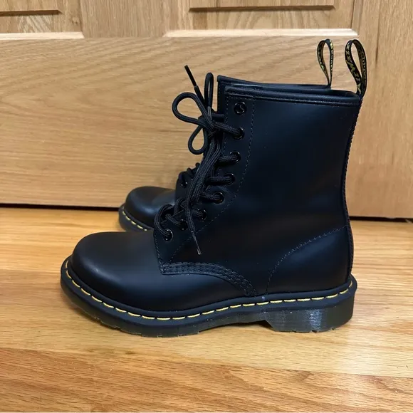 Doc Martens 1460 Womens Black Lace-Up Boots with yellow welt stitching