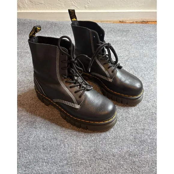 Doc Martins Boots Black 10 US L Platforms White Stitch Leather Lace up Gothic