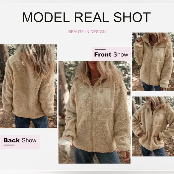 Dokotoo Trendy Full Zipper Fleece Relaxed Warm Teddy jackets with Pockets