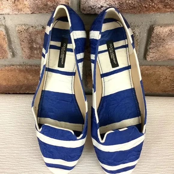 DOLCE GABBANA Blue/White Stripe Brocade Slip-On Flats