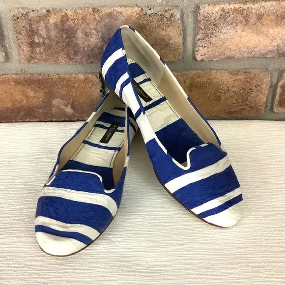 DOLCE GABBANA Blue/White Stripe Brocade Slip-On Flats