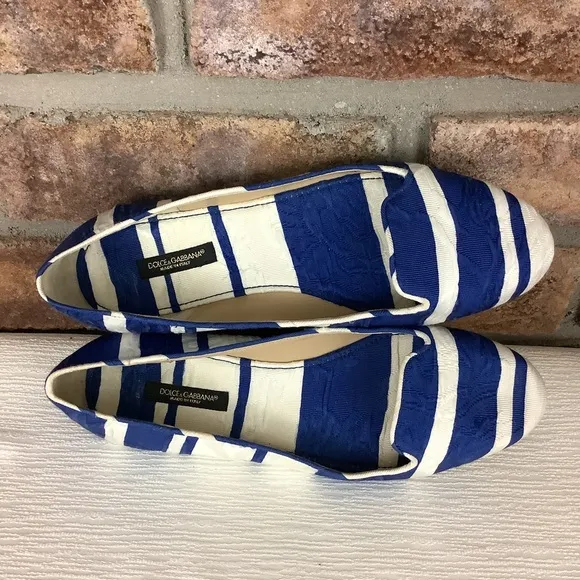 DOLCE GABBANA Blue/White Stripe Brocade Slip-On Flats