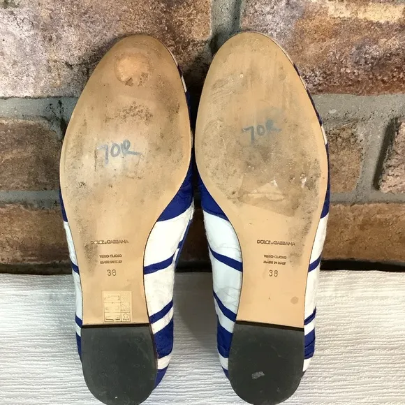 DOLCE GABBANA Blue/White Stripe Brocade Slip-On Flats