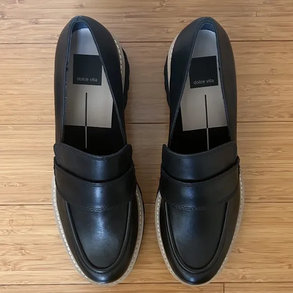 Dolce Vita Black Leather Halona Chunky Block Heel Platform Loafer 9.5 NWOB