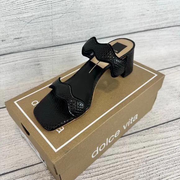 Dolce Vita Women's Black Ilva Mid Slide Embossed Leather Heeled Sandals Size 8.5