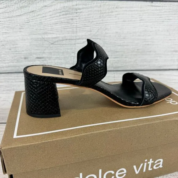 Dolce Vita Women's Black Ilva Mid Slide Embossed Leather Heeled Sandals Size 8.5