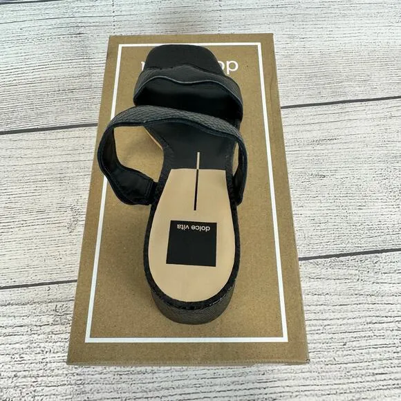 Dolce Vita Women's Black Ilva Mid Slide Embossed Leather Heeled Sandals Size 8.5