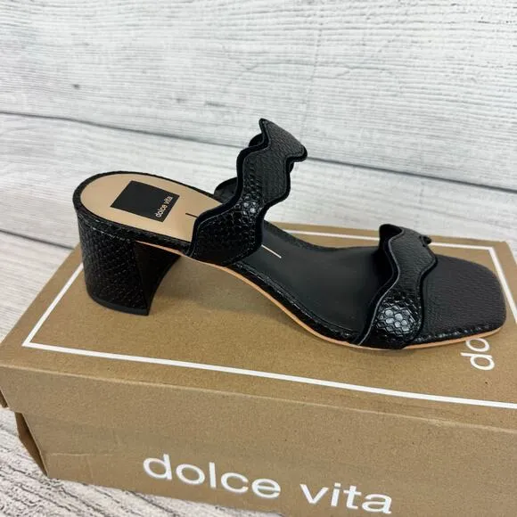 Dolce Vita Women's Black Ilva Mid Slide Embossed Leather Heeled Sandals Size 8.5
