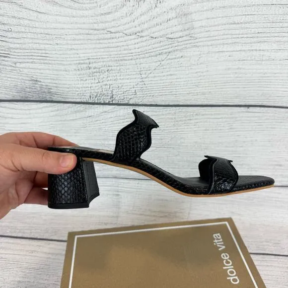 Dolce Vita Women's Black Ilva Mid Slide Embossed Leather Heeled Sandals Size 8.5