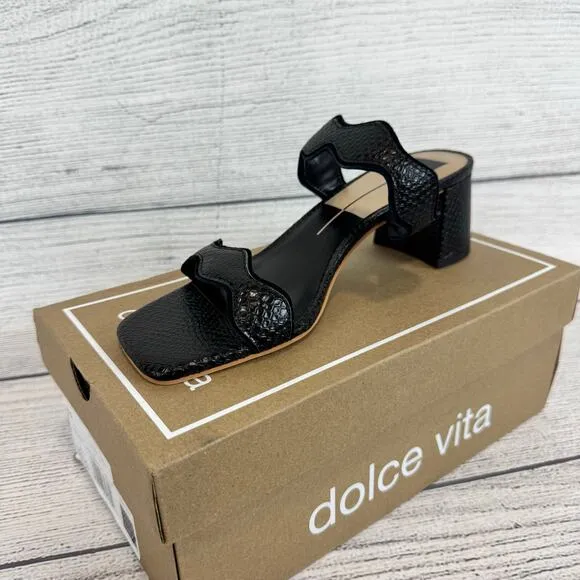 Dolce Vita Women's Black Ilva Mid Slide Embossed Leather Heeled Sandals Size 8.5