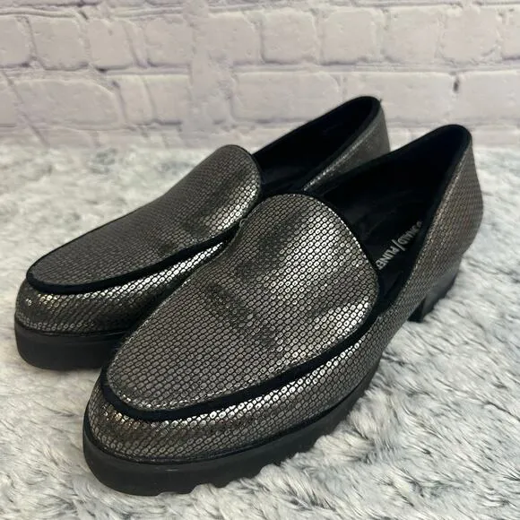 Donald J Pliner Carbon Elen Metallic Silver Leather Slip On Loafers Size 7M Work