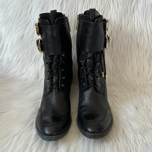 Donald Pliner Danti Combat Boots Leather Lace Up Buckle Zip Block Heeled, Black