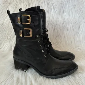Donald Pliner Danti Combat Boots Leather Lace Up Buckle Zip Block Heeled, Black
