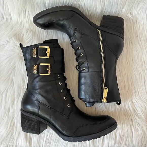 Donald Pliner Danti Combat Boots Leather Lace Up Buckle Zip Block Heeled, Black