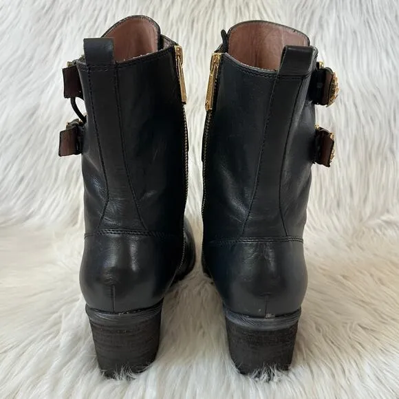 Donald Pliner Danti Combat Boots Leather Lace Up Buckle Zip Block Heeled, Black