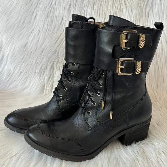 Donald Pliner Danti Combat Boots Leather Lace Up Buckle Zip Block Heeled, Black