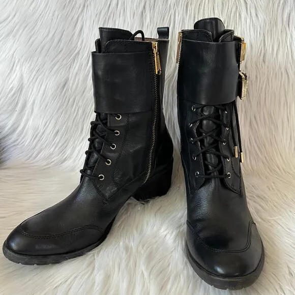 Donald Pliner Danti Combat Boots Leather Lace Up Buckle Zip Block Heeled, Black