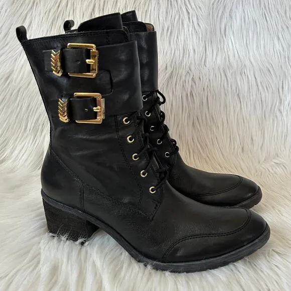 Donald Pliner Danti Combat Boots Leather Lace Up Buckle Zip Block Heeled, Black