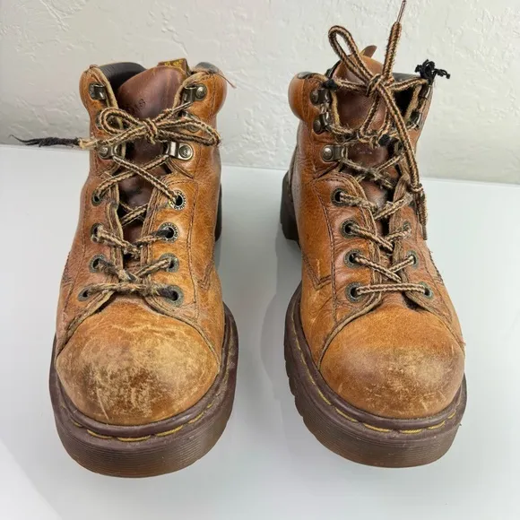 Dr Doc Martens Work Boots Tie Saxon‎ Grizzly Leather Chestnut Tan Brown Heavy