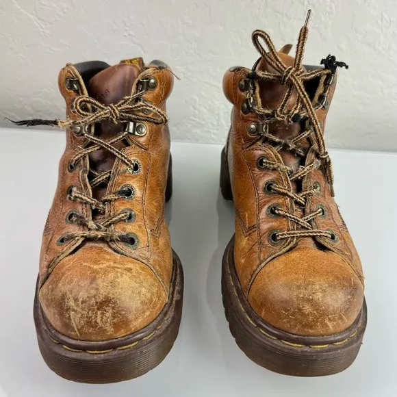 Dr Doc Martens Work Boots Tie Saxon‎ Grizzly Leather Chestnut Tan Brown Heavy