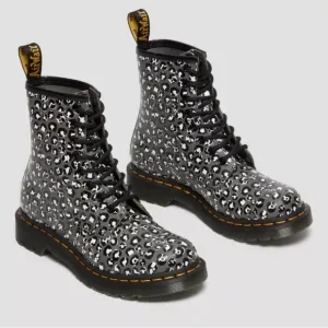 DR MARTENS GUNMETAL 1460 LOUD LEOPARD LEATHER LACE UP SZ 8L NWOT