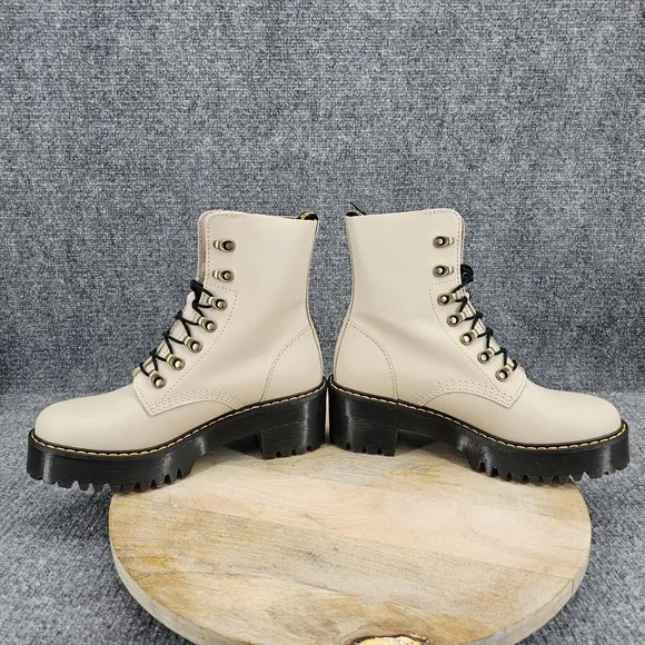 Dr. Martens Leona Women's Size 8 Taupe Leather Platform Lace Up Combat Boots