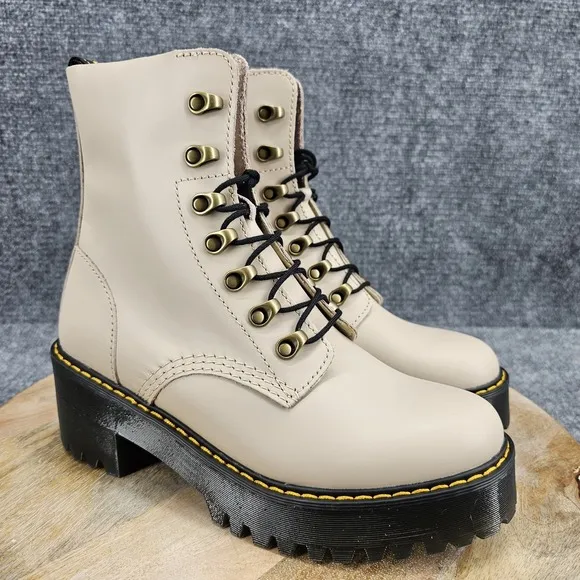Dr. Martens Leona Women's Size 8 Taupe Leather Platform Lace Up Combat Boots
