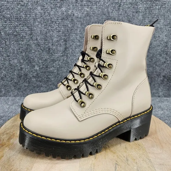 Dr. Martens Leona Women's Size 8 Taupe Leather Platform Lace Up Combat Boots
