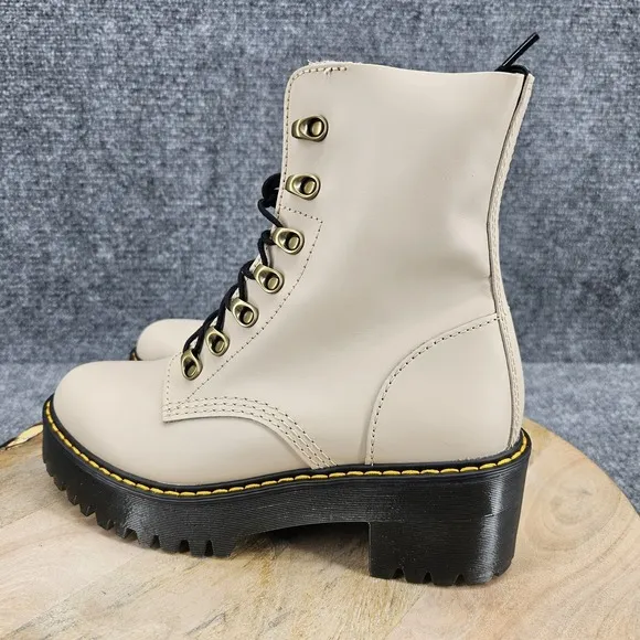 Dr. Martens Leona Women's Size 8 Taupe Leather Platform Lace Up Combat Boots